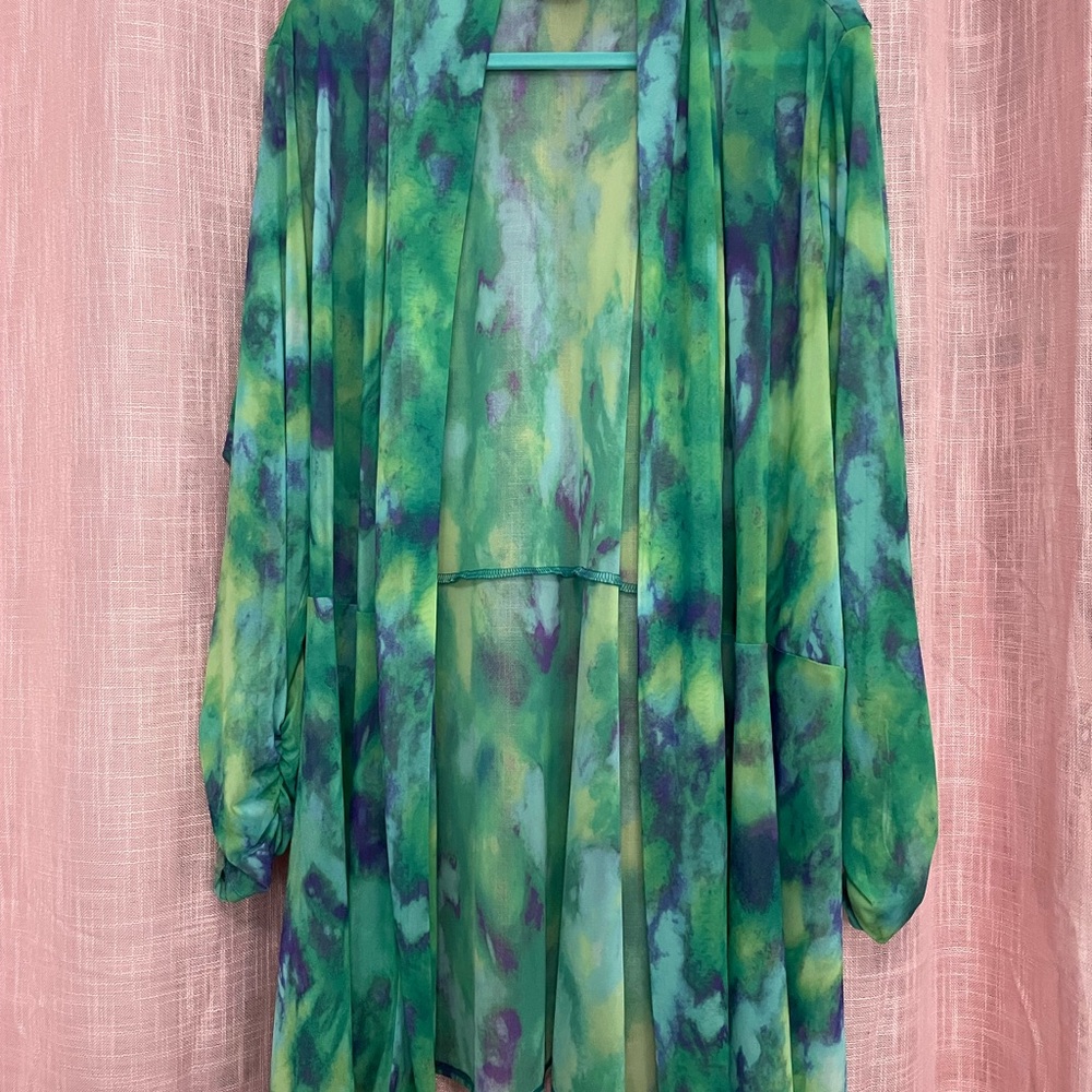 Susan Graver Green and blue Watercolor Mesh and liquid knit set. Petite but long